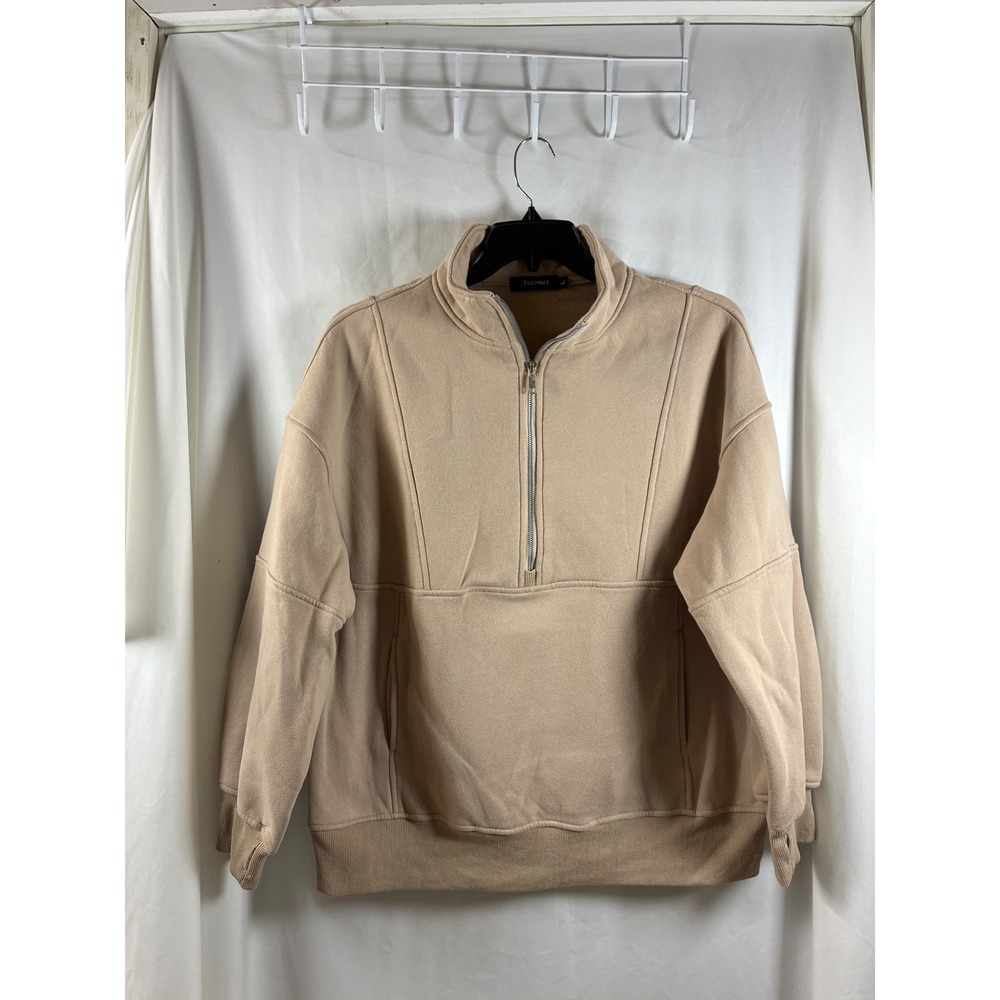 Automet Womens Tan Beige Half Zip Fleece Pullover Sweatshirt Mock Neck Large